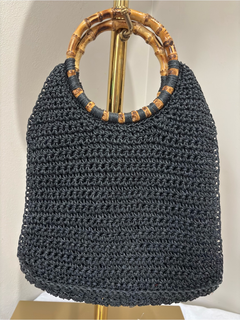 Vintage Woven Straw Style Crochet Handbag Tote with Brown Bamboo Ring Handles - Picture 3 of 8